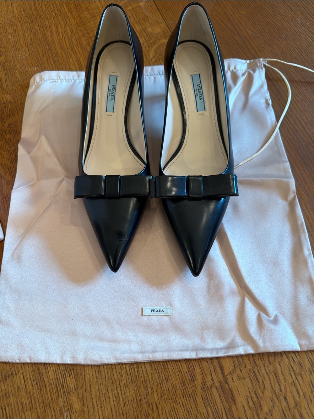 Prada Black Patent Pointed Toe Bow Pumps